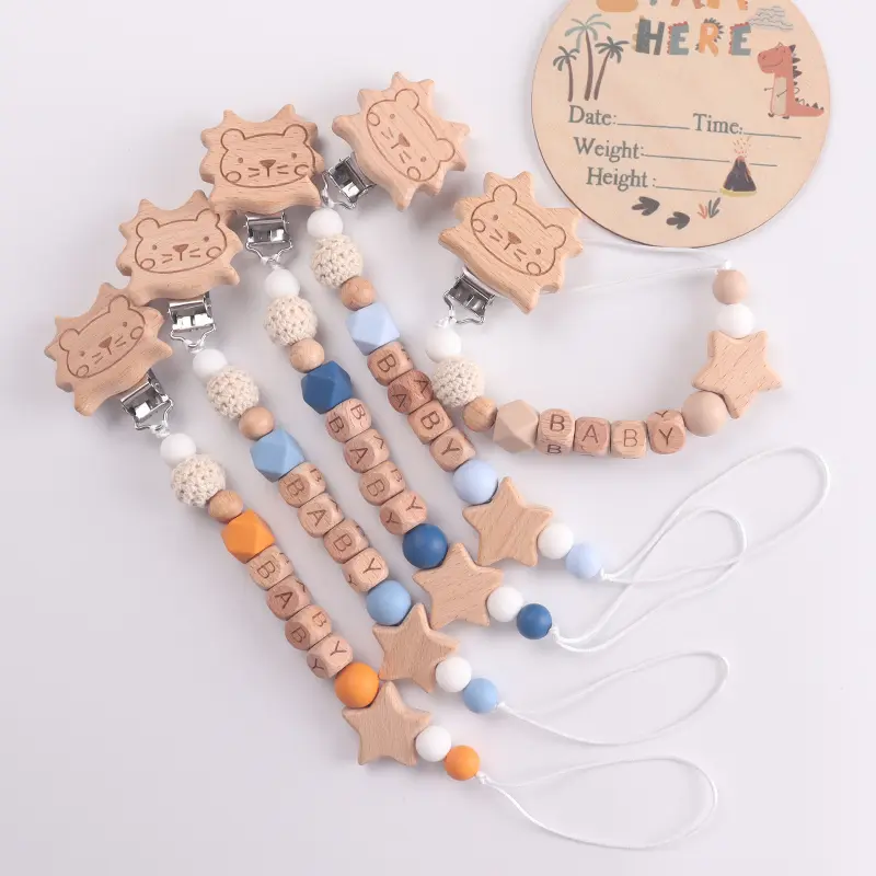 Cute Lion & Star Customizable Beech English Letter Name Baby Beech Clips Pacifier Chains Teether Pendants Baby Kawaii Gift