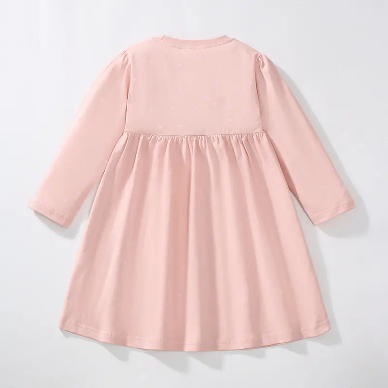 Charming Pink Long Sleeve Dress with Gathered Waist and Subtle Dots, Festive Christmas Bird Embroidery Holiday Cuteness
