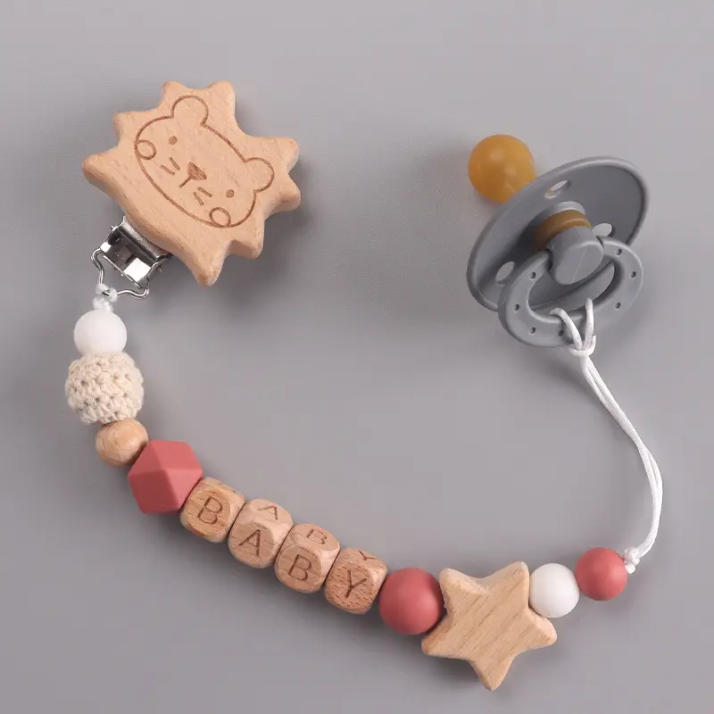 Cute Lion & Star Customizable Beech English Letter Name Baby Beech Clips Pacifier Chains Teether Pendants Baby Kawaii Gift