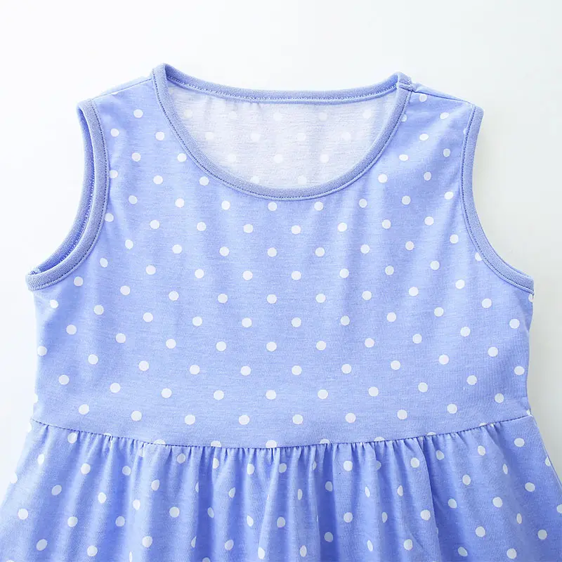 Girls' Sleeveless Summer Dress Light Blue with White Polka Dots and Hedgehog Embroidery
