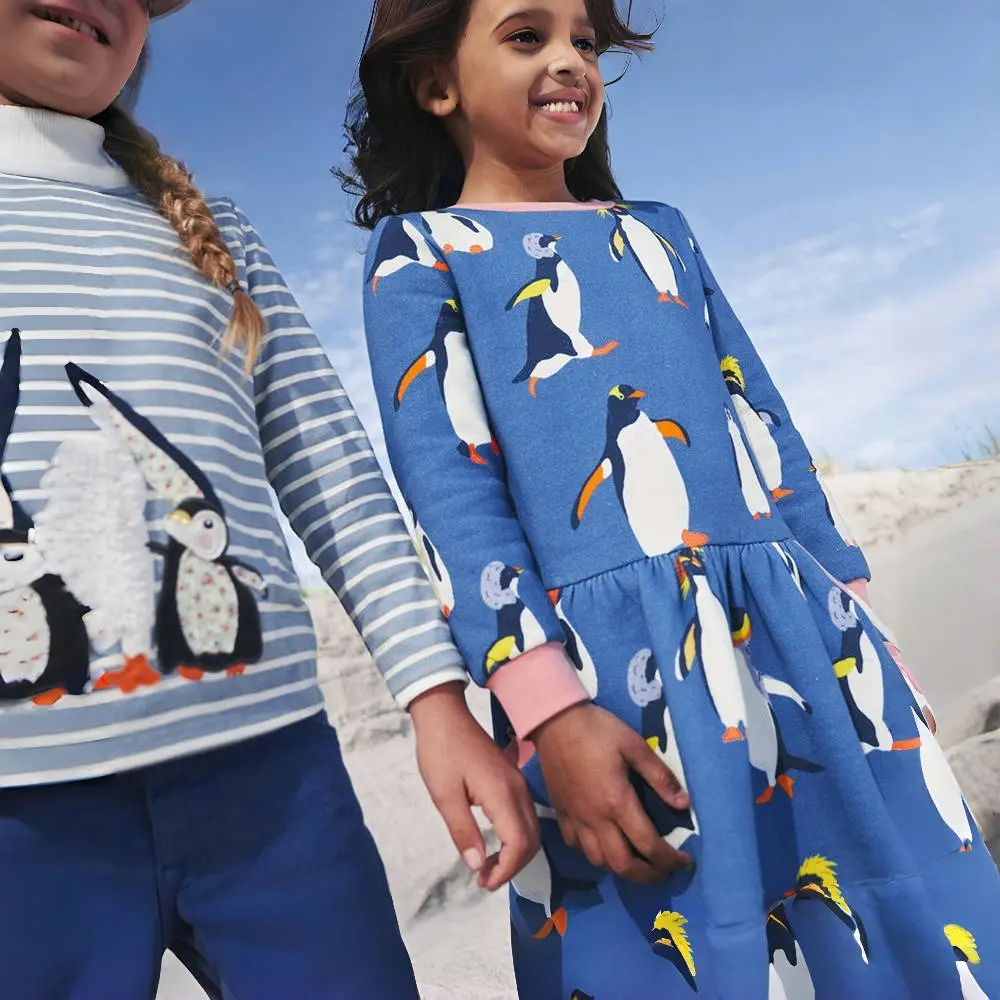 Penguin Print Girls Long Sleeve Dress, Spring and Autumn Everyday Sweet Casual Dress, Parties, Gifts