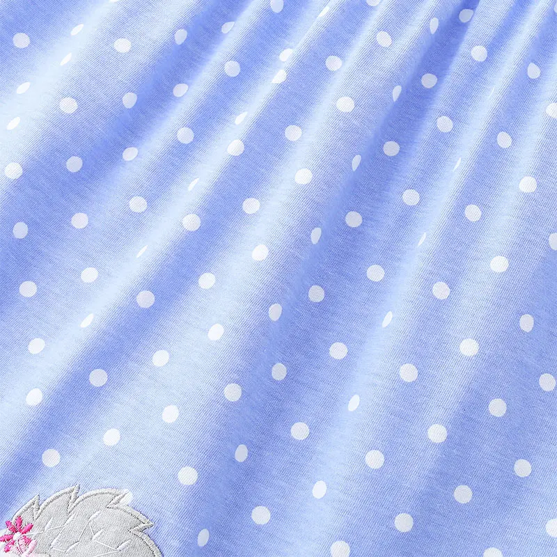 Girls' Sleeveless Summer Dress Light Blue with White Polka Dots and Hedgehog Embroidery