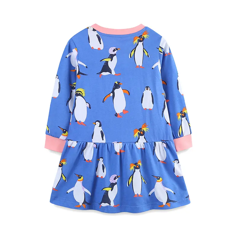 Penguin Print Girls Long Sleeve Dress, Spring and Autumn Everyday Sweet Casual Dress, Parties, Gifts