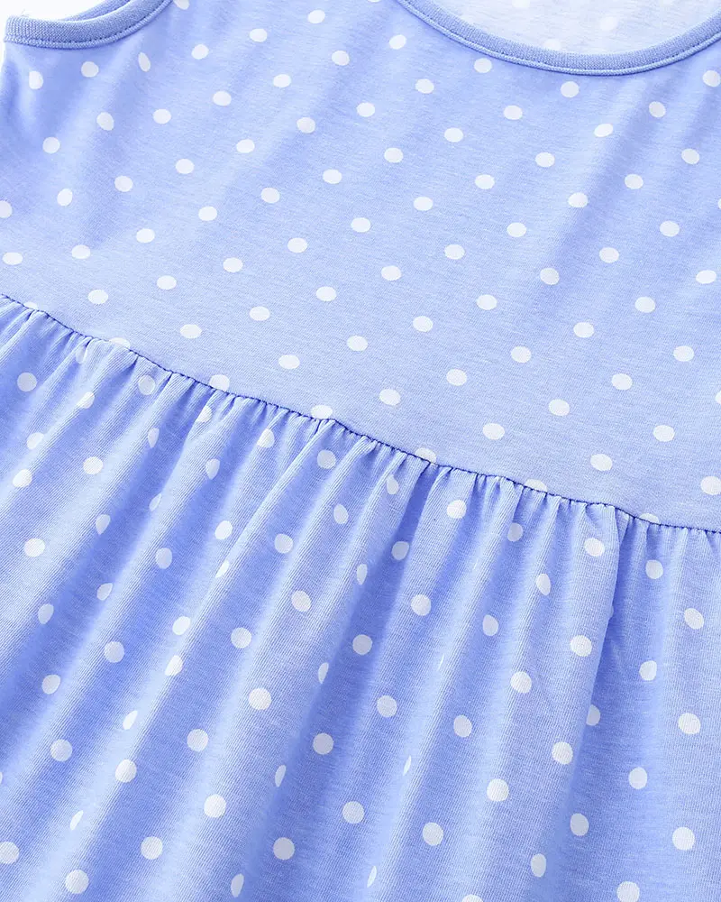Girls' Sleeveless Summer Dress Light Blue with White Polka Dots and Hedgehog Embroidery