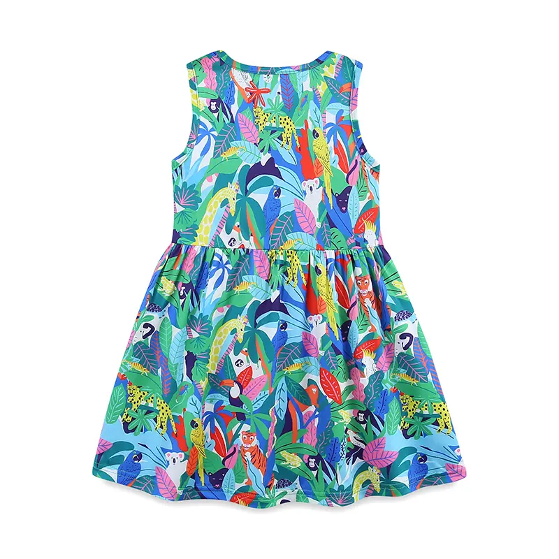Girls' Sleeveless Dress - with Colorful Jungle Animal and Tropical Leaf All - over Print - Suitable for Ages 2-7 Years