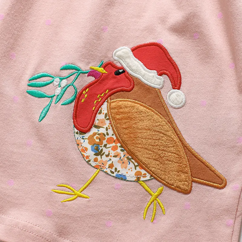 Charming Pink Long Sleeve Dress with Gathered Waist and Subtle Dots, Festive Christmas Bird Embroidery Holiday Cuteness