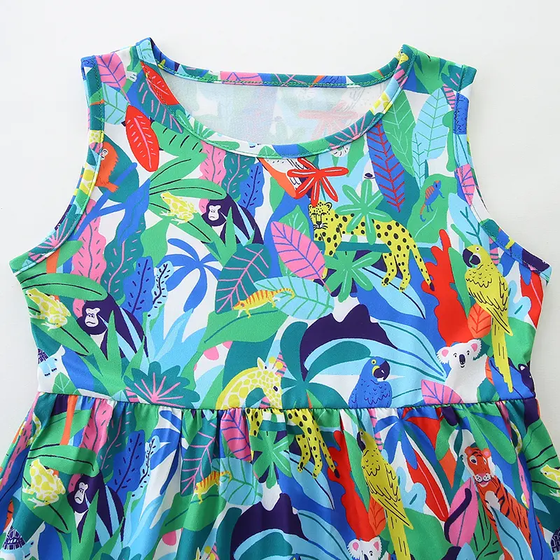 Girls' Sleeveless Dress - with Colorful Jungle Animal and Tropical Leaf All - over Print - Suitable for Ages 2-7 Years