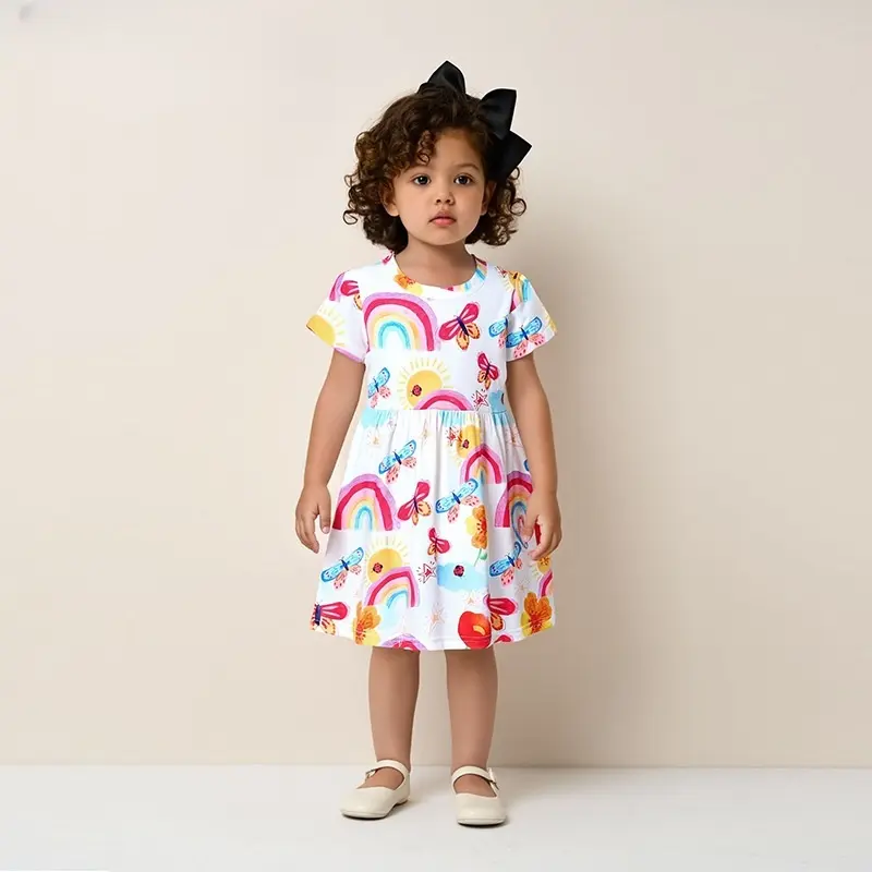 Girls' White Short - Sleeve Dress - with Colorful Rainbow, Butterfly and Floral All - over Print - Suitable for Ages 2-7 Years