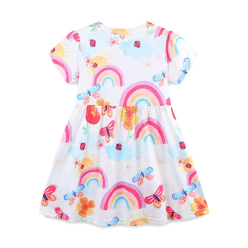 Girls' White Short - Sleeve Dress - with Colorful Rainbow, Butterfly and Floral All - over Print - Suitable for Ages 2-7 Years