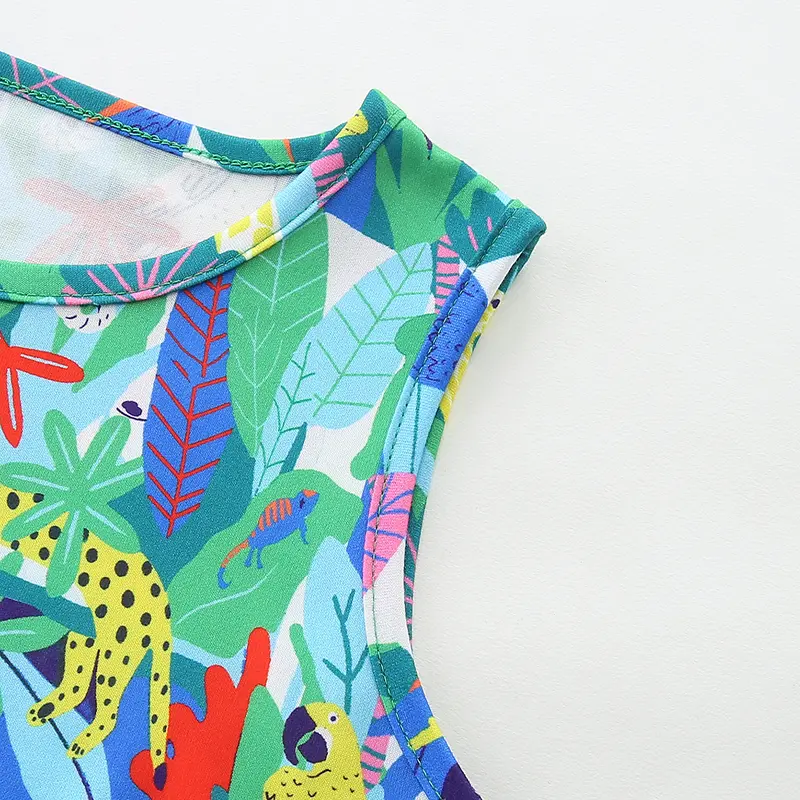 Girls' Sleeveless Dress - with Colorful Jungle Animal and Tropical Leaf All - over Print - Suitable for Ages 2-7 Years
