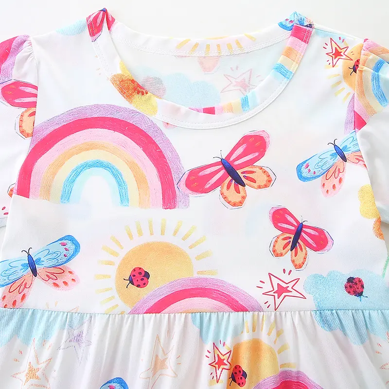 Girls' White Short - Sleeve Dress - with Colorful Rainbow, Butterfly and Floral All - over Print - Suitable for Ages 2-7 Years