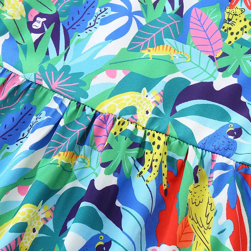 Girls' Sleeveless Dress - with Colorful Jungle Animal and Tropical Leaf All - over Print - Suitable for Ages 2-7 Years
