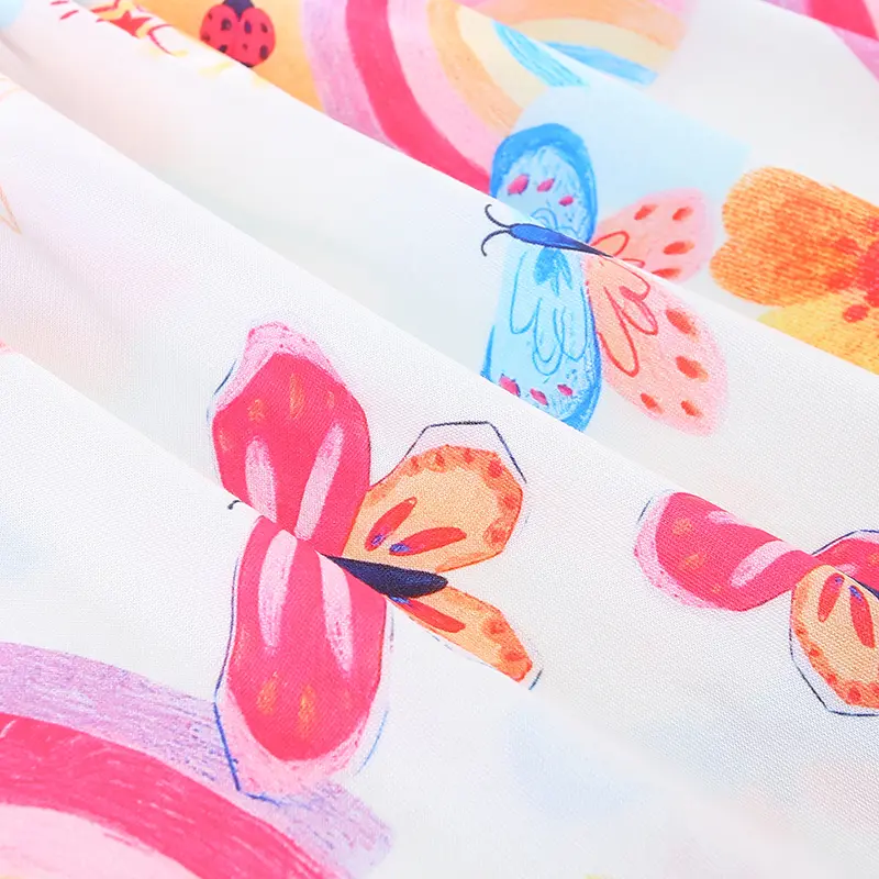 Girls' White Short - Sleeve Dress - with Colorful Rainbow, Butterfly and Floral All - over Print - Suitable for Ages 2-7 Years