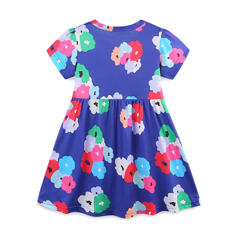 Girls' Purple Short - Sleeve Dress - with Colorful Floral All - over Print - Suitable for Ages 3-8 Years