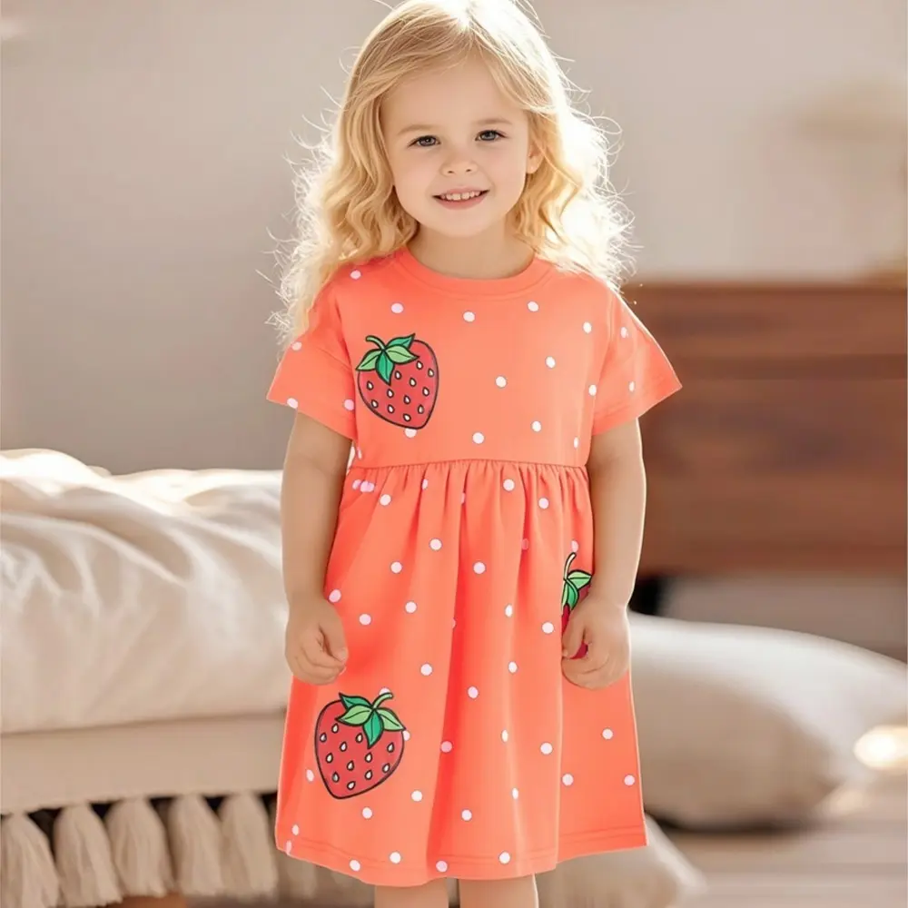 Girls' Orange Short - Sleeve Dress - with Strawberry Print and Light Purple Polka Dots - Suitable for Ages 2-7 year