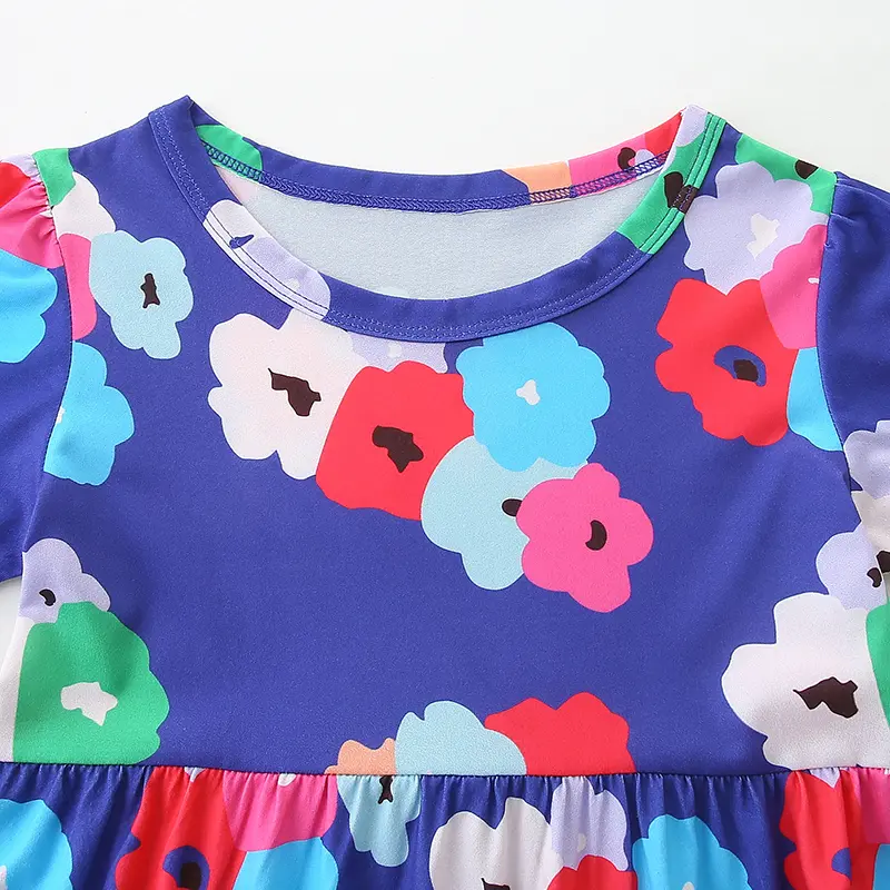 Girls' Purple Short - Sleeve Dress - with Colorful Floral All - over Print - Suitable for Ages 3-8 Years