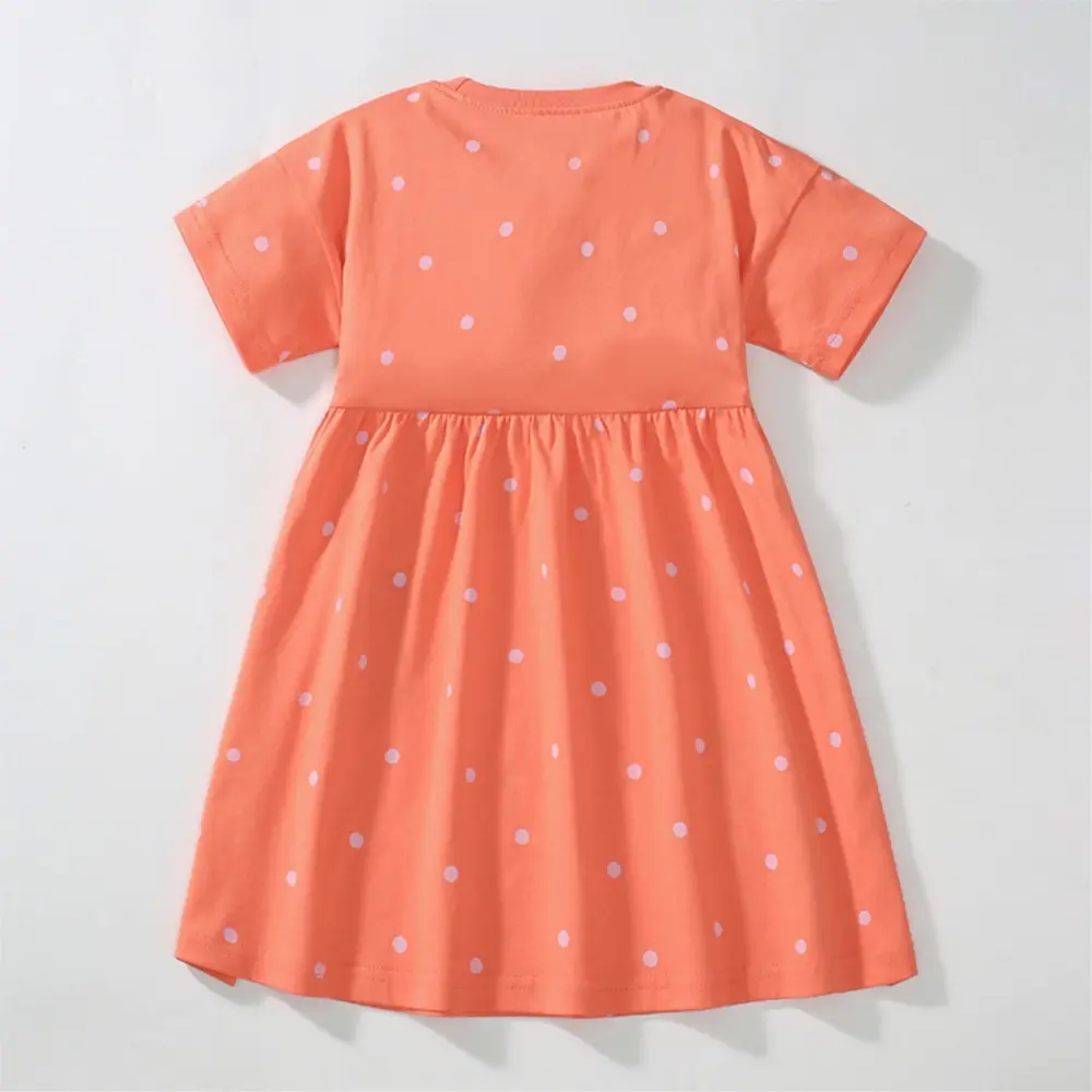 Girls' Orange Short - Sleeve Dress - with Strawberry Print and Light Purple Polka Dots - Suitable for Ages 2-7 year