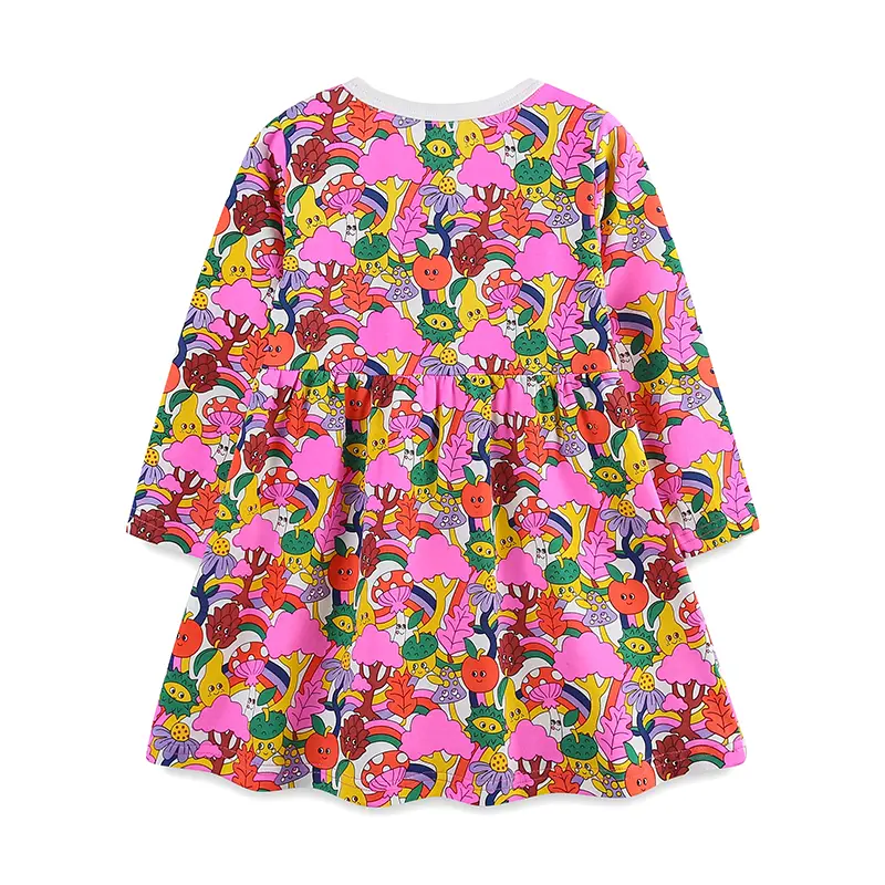 Vibrant Multicolor Long Sleeve Dress with Round Neck All Over Whimsical Prints