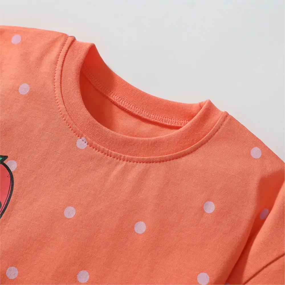 Girls' Orange Short - Sleeve Dress - with Strawberry Print and Light Purple Polka Dots - Suitable for Ages 2-7 year