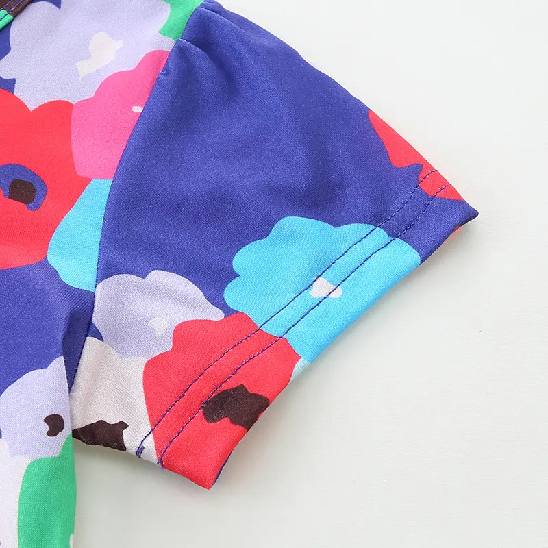 Girls' Purple Short - Sleeve Dress - with Colorful Floral All - over Print - Suitable for Ages 3-8 Years
