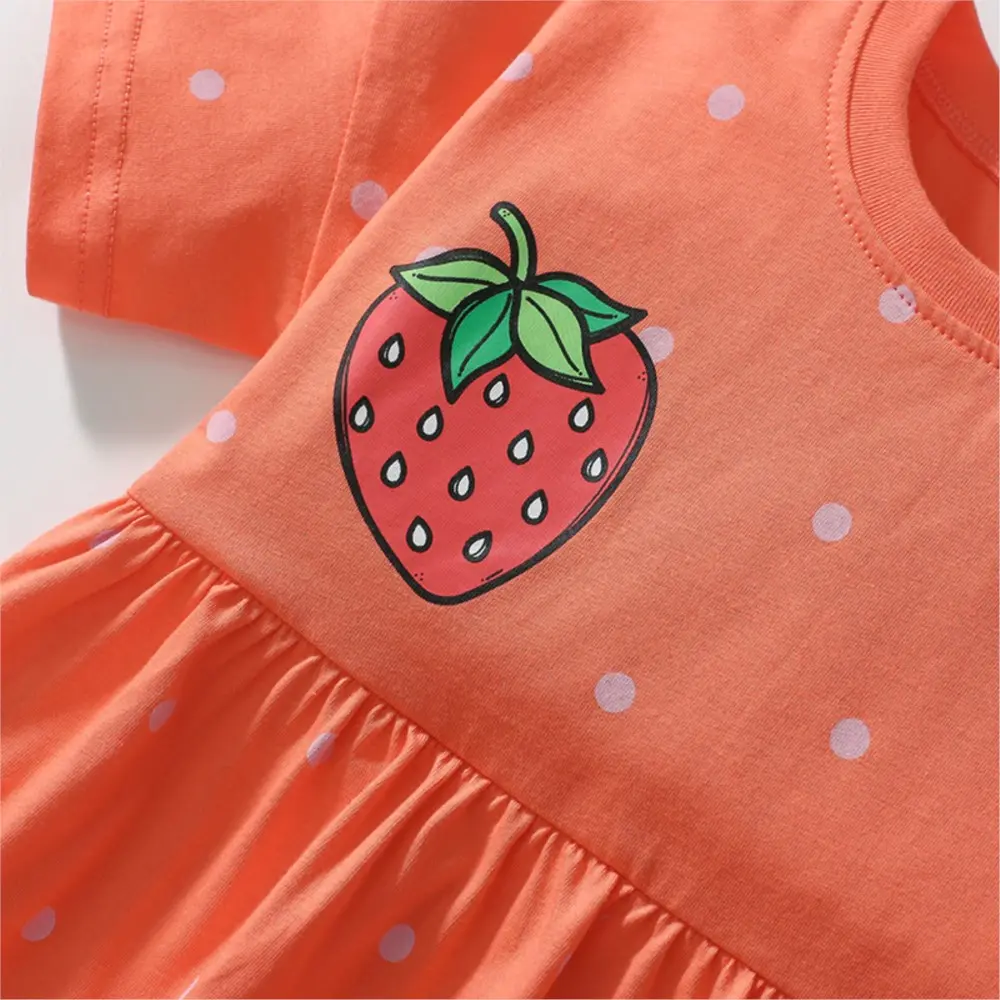 Girls' Orange Short - Sleeve Dress - with Strawberry Print and Light Purple Polka Dots - Suitable for Ages 2-7 year