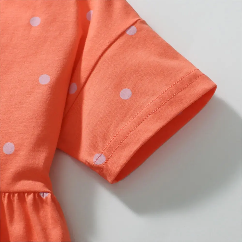 Girls' Orange Short - Sleeve Dress - with Strawberry Print and Light Purple Polka Dots - Suitable for Ages 2-7 year