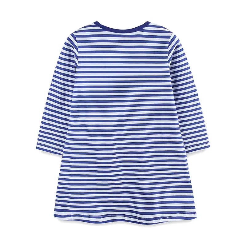 Girls' Blue and White Striped Long Sleeve Dress Adorable Strawberry Pocket Designs
