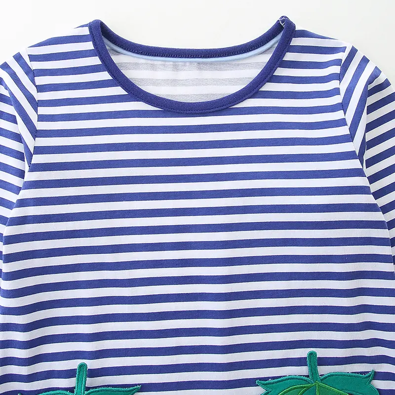 Girls' Blue and White Striped Long Sleeve Dress Adorable Strawberry Pocket Designs