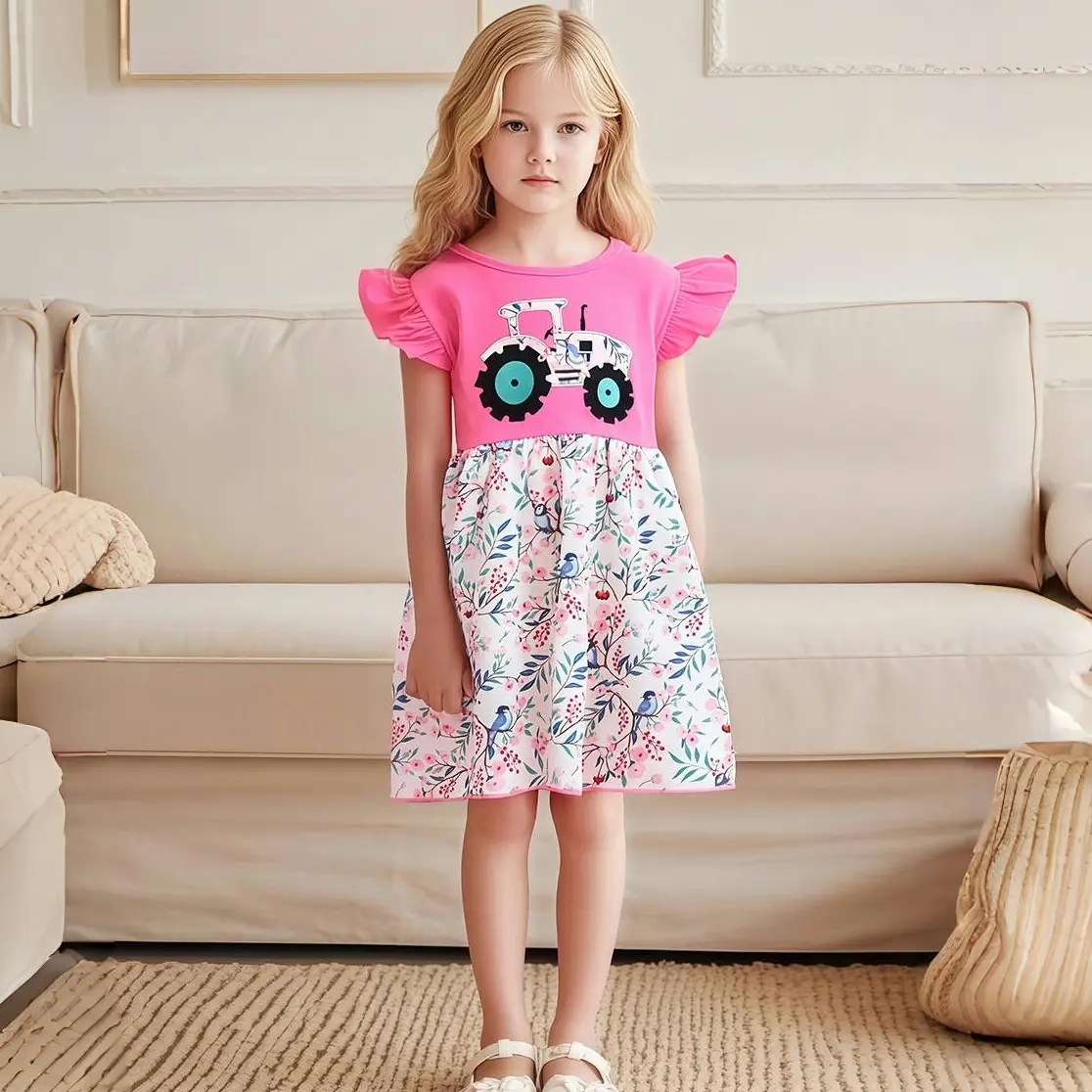 Girls' Pink Short - Sleeve Dress - with Ruffled Sleeves, Tractor Applique on Top and Bird & Berry Print Skirt 2-7y