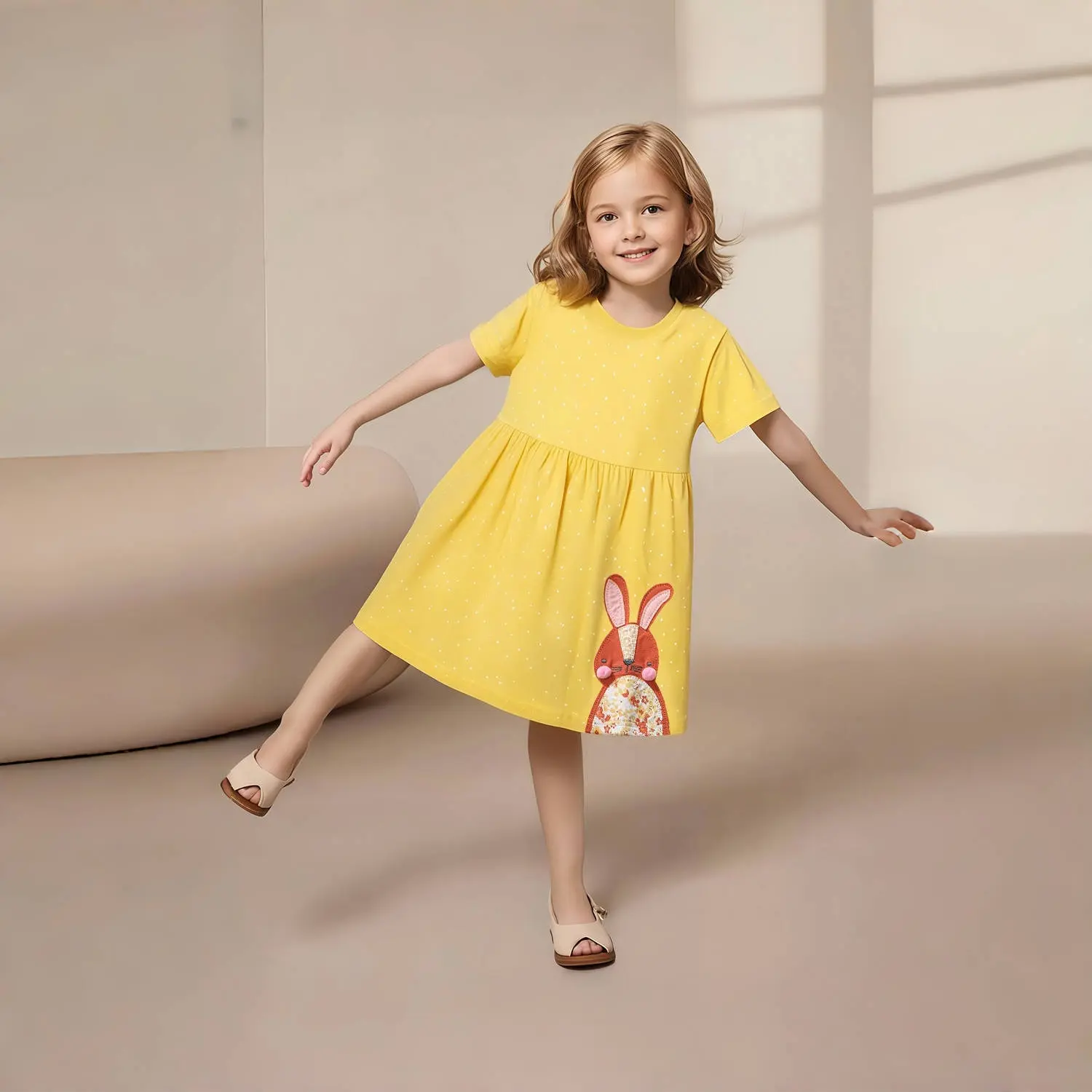 Girls' Yellow Short - Sleeve Dress - with Bunny Embroidery and Dotted Pattern - Suitable for 2-7 Years