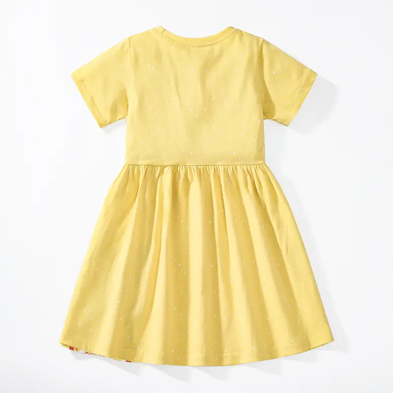 Girls' Yellow Short - Sleeve Dress - with Bunny Embroidery and Dotted Pattern - Suitable for 2-7 Years