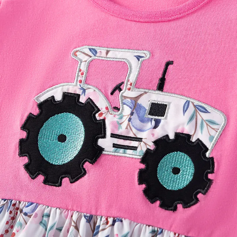 Girls' Pink Short - Sleeve Dress - with Ruffled Sleeves, Tractor Applique on Top and Bird & Berry Print Skirt 2-7y