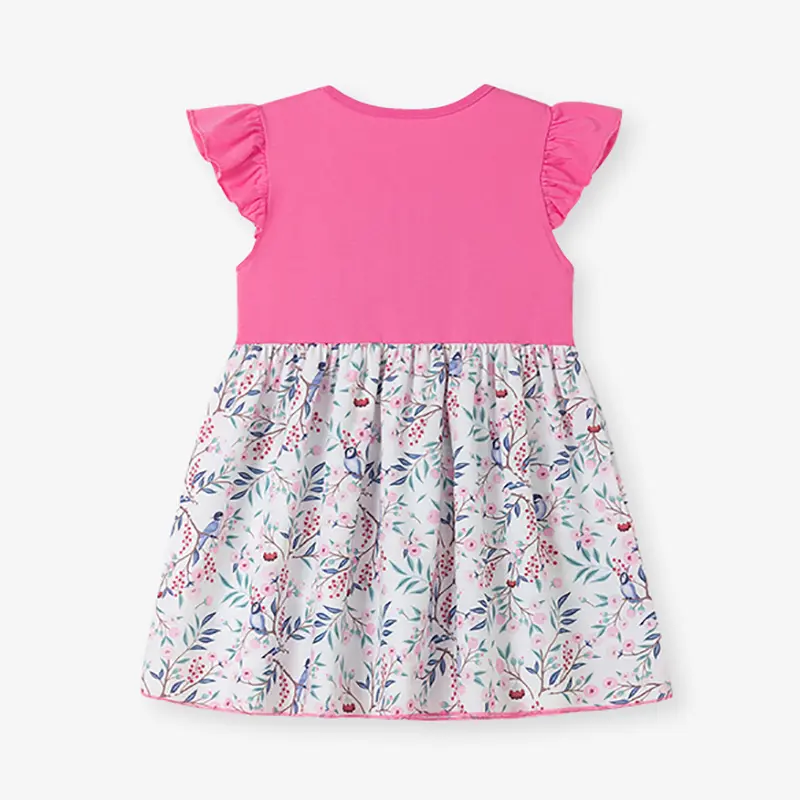 Girls' Pink Short - Sleeve Dress - with Ruffled Sleeves, Tractor Applique on Top and Bird & Berry Print Skirt 2-7y