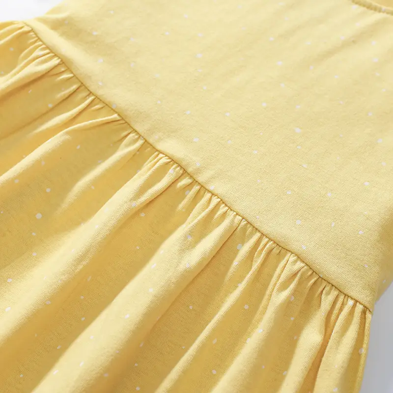 Girls' Yellow Short - Sleeve Dress - with Bunny Embroidery and Dotted Pattern - Suitable for 2-7 Years