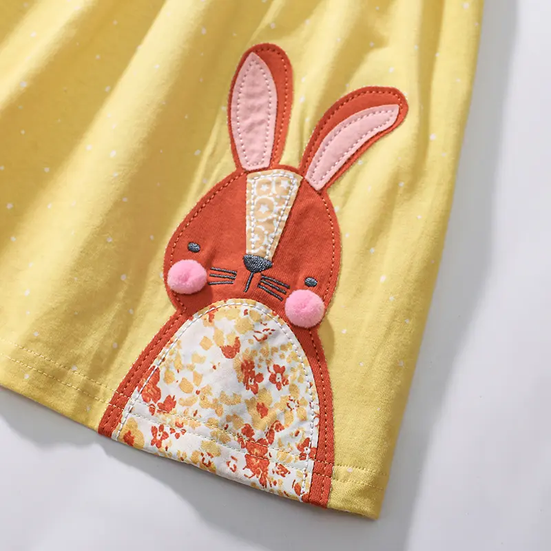 Girls' Yellow Short - Sleeve Dress - with Bunny Embroidery and Dotted Pattern - Suitable for 2-7 Years