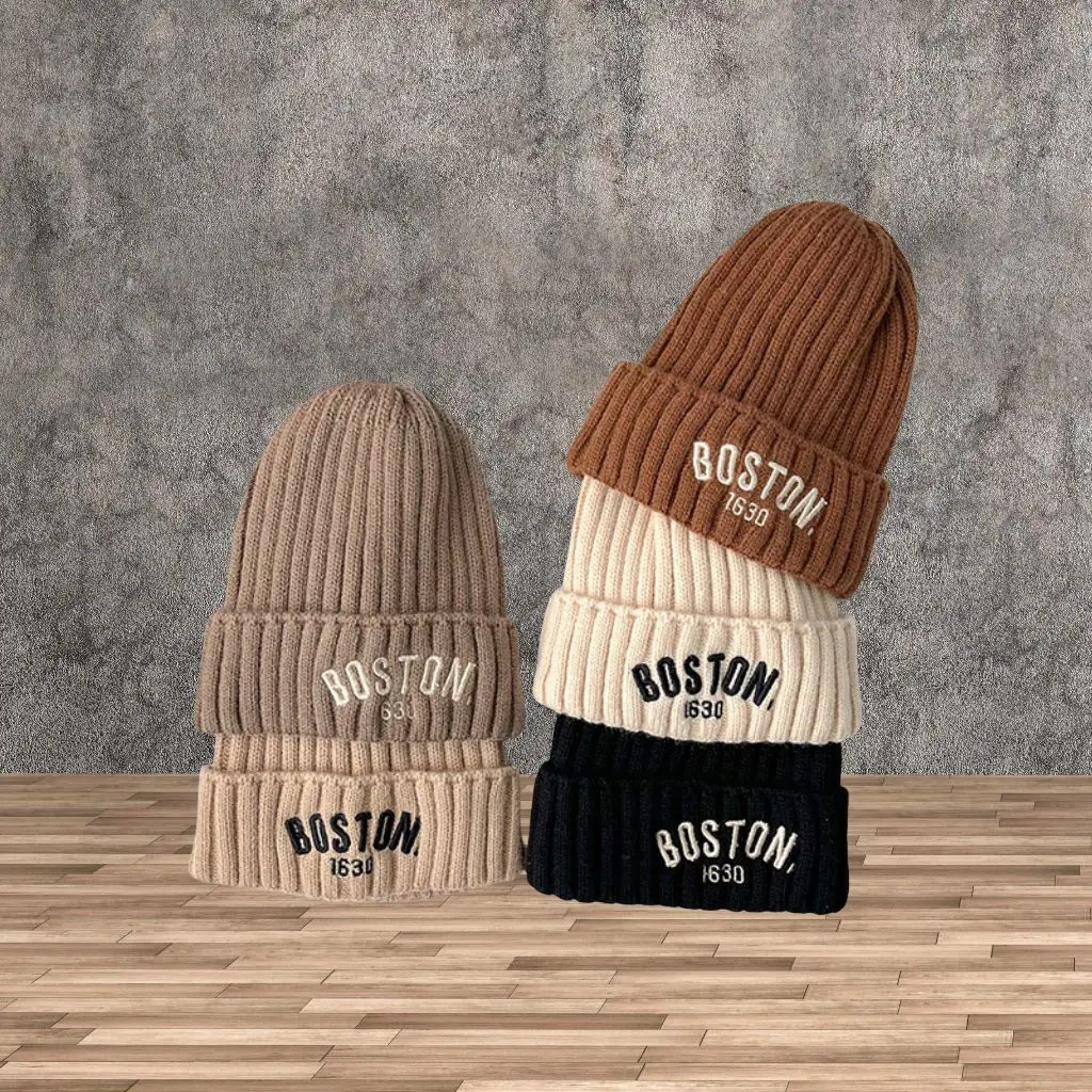 New BOSTON Letter Baby Hat Winter Warm Baby Boys Girls Hat Bonnet Soft Ear Protection Infant Toddler Knitted Kids Cap Beanies