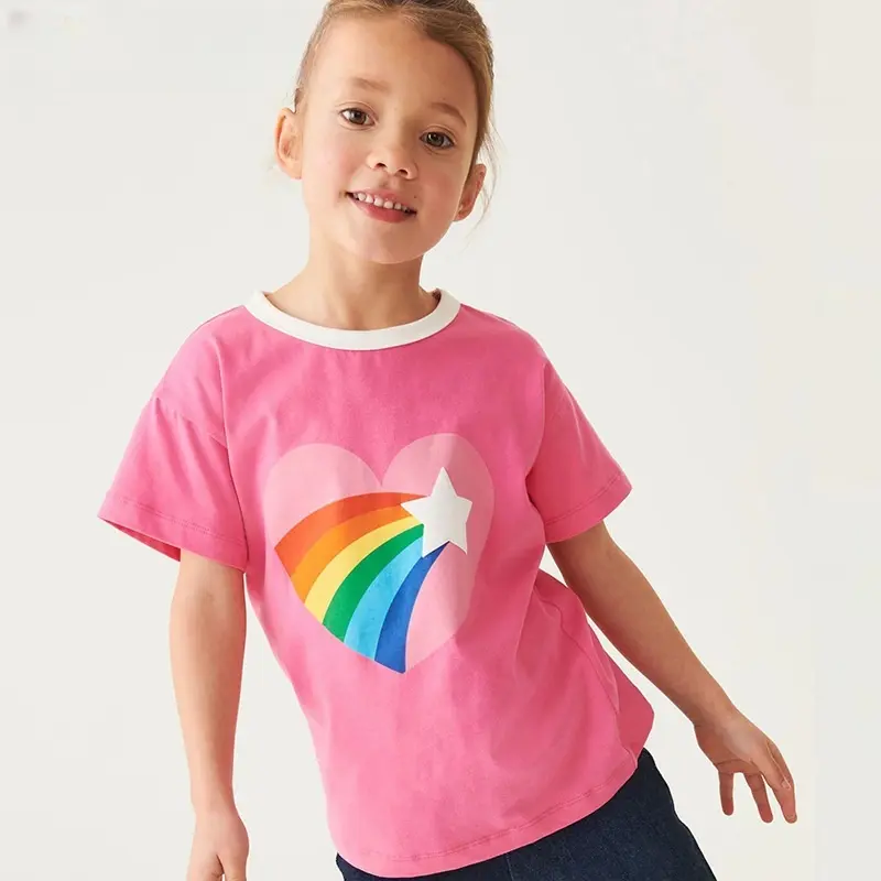 Heart Rainbow Girls Soft Short Sleeve T-Shirt Summer Pure Cotton Color Block Tee