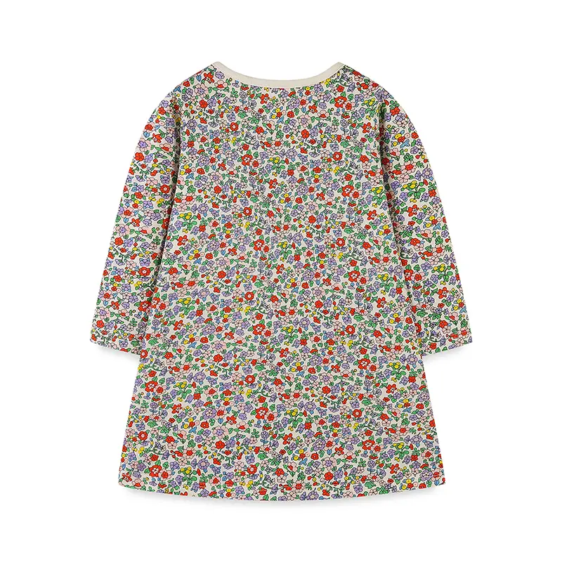 Full Floral Print Girls Long Sleeve Dress, Pumpkin Spring and Autumn Everyday Casual Dress for Parties Gifts