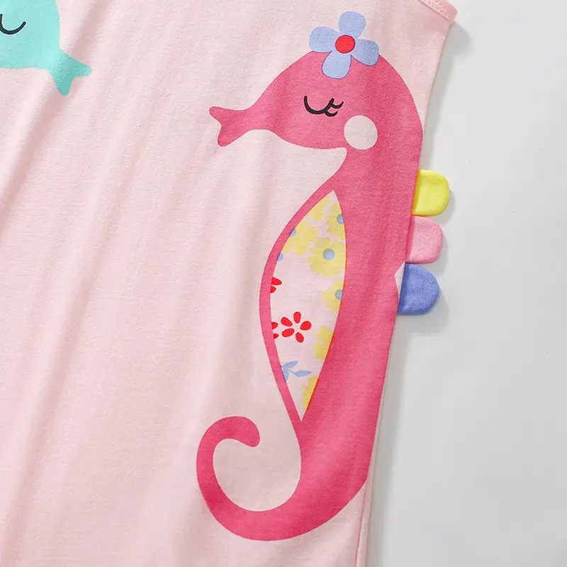 Sleeveless Pink Toddler Dress with Ruffled Neckline & Cute Seahorse Prints