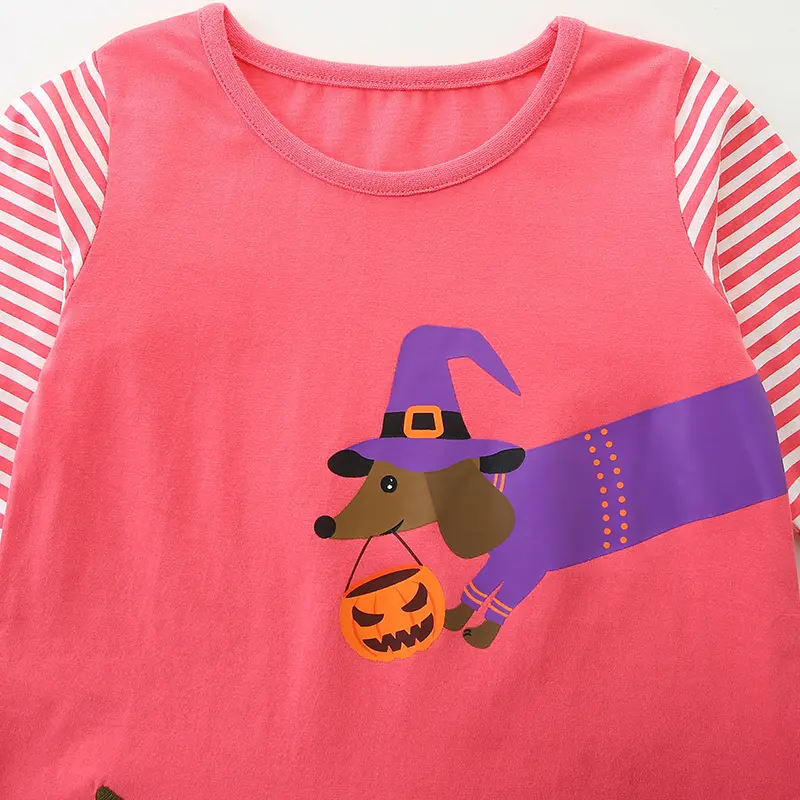 Long - Sleeved Dress with Striped Sleeves, Featuring Halloween - themed Dog and Pumpkin Prints