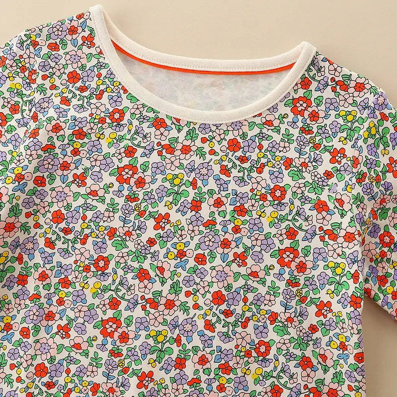 Full Floral Print Girls Long Sleeve Dress, Pumpkin Spring and Autumn Everyday Casual Dress for Parties Gifts
