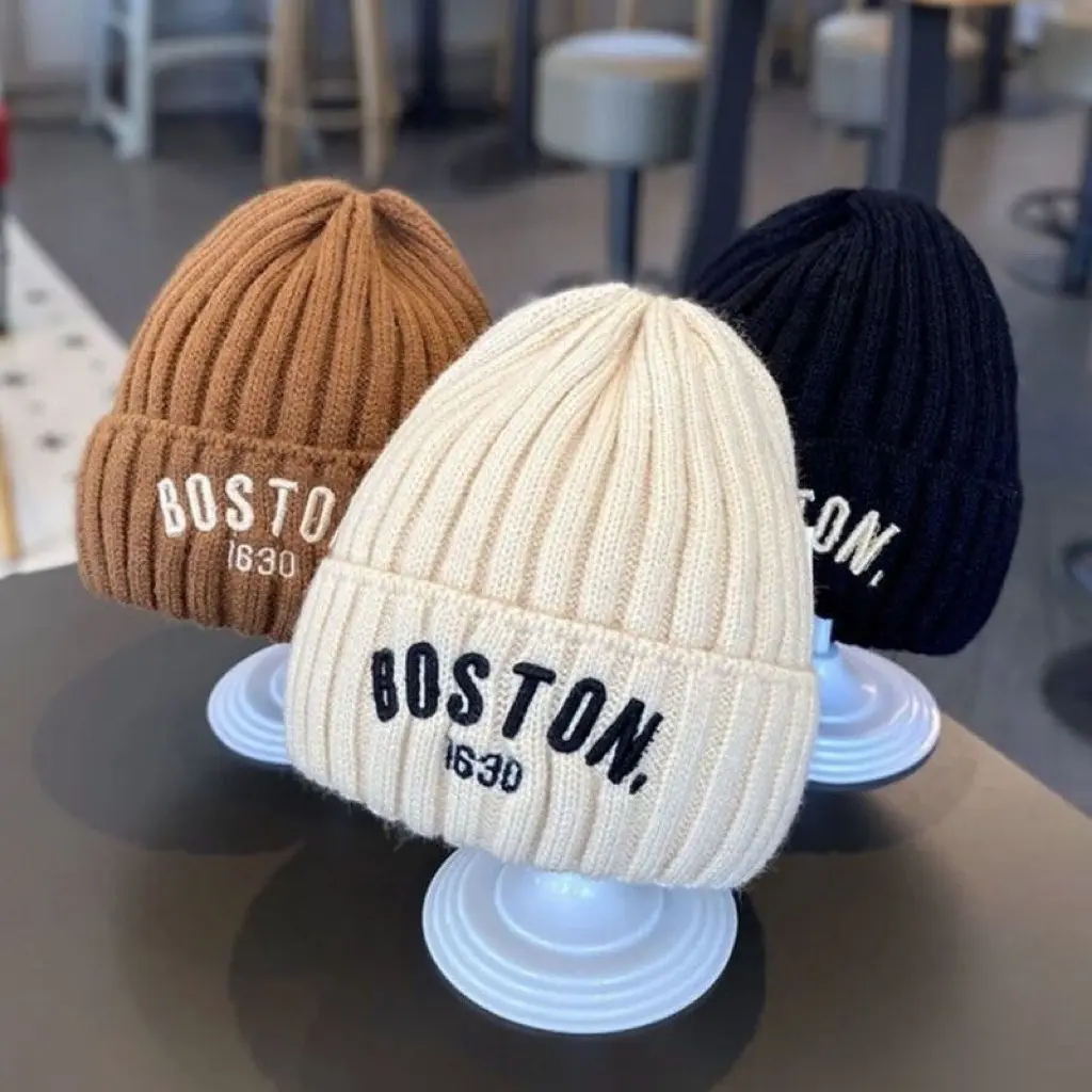 New BOSTON Letter Baby Hat Winter Warm Baby Boys Girls Hat Bonnet Soft Ear Protection Infant Toddler Knitted Kids Cap Beanies