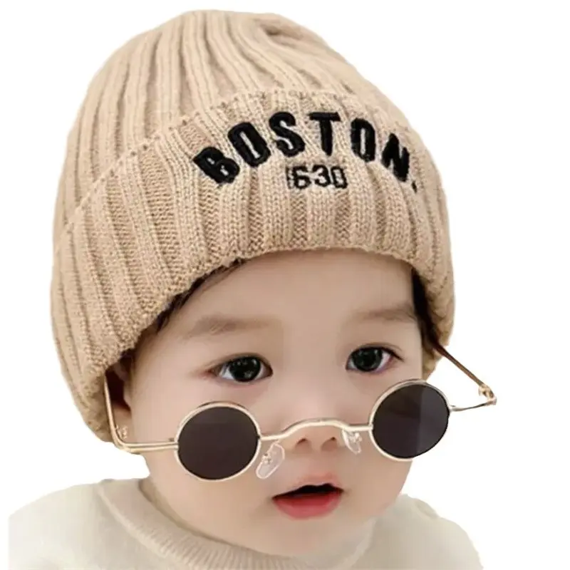 New BOSTON Letter Baby Hat Winter Warm Baby Boys Girls Hat Bonnet Soft Ear Protection Infant Toddler Knitted Kids Cap Beanies