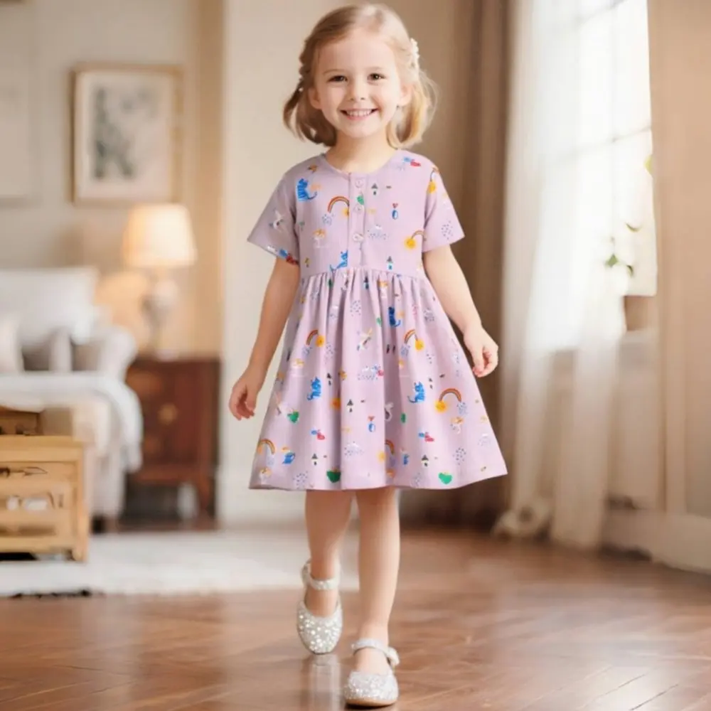 2025 Summer Baby Girls Cartoon Rainbow Dress Cotton Mesh Party Princess Dresses For 2-7 Years Children Kids Clothes