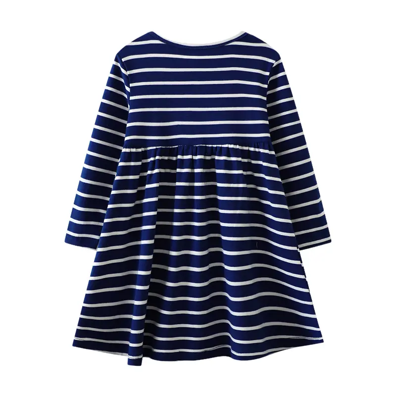 Girls' Navy and White Long Sleeve Striped Dress Cute Cat and Flower Embroidery, Soft Fabric Adorable Toddler Kids Skirt