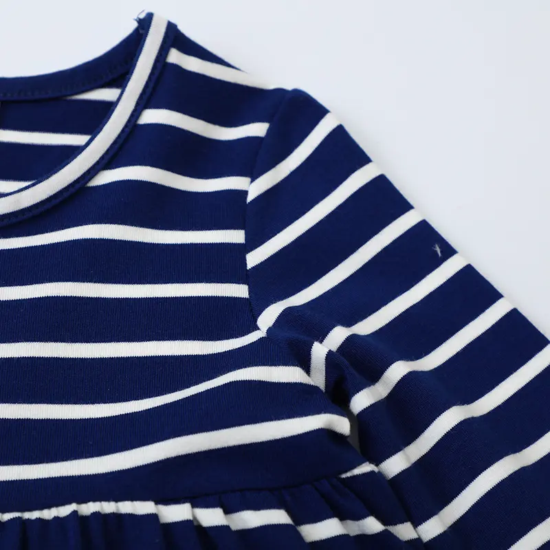 Girls' Navy and White Long Sleeve Striped Dress Cute Cat and Flower Embroidery, Soft Fabric Adorable Toddler Kids Skirt