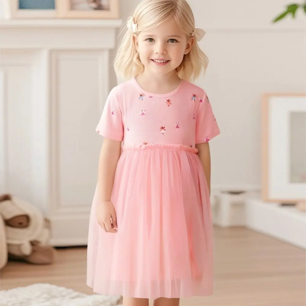 Summer Cotton Baby Girls Cartoon Infant Mesh Dresses Kids Clothes Pink Children 's Clothing Princess Vestidos
