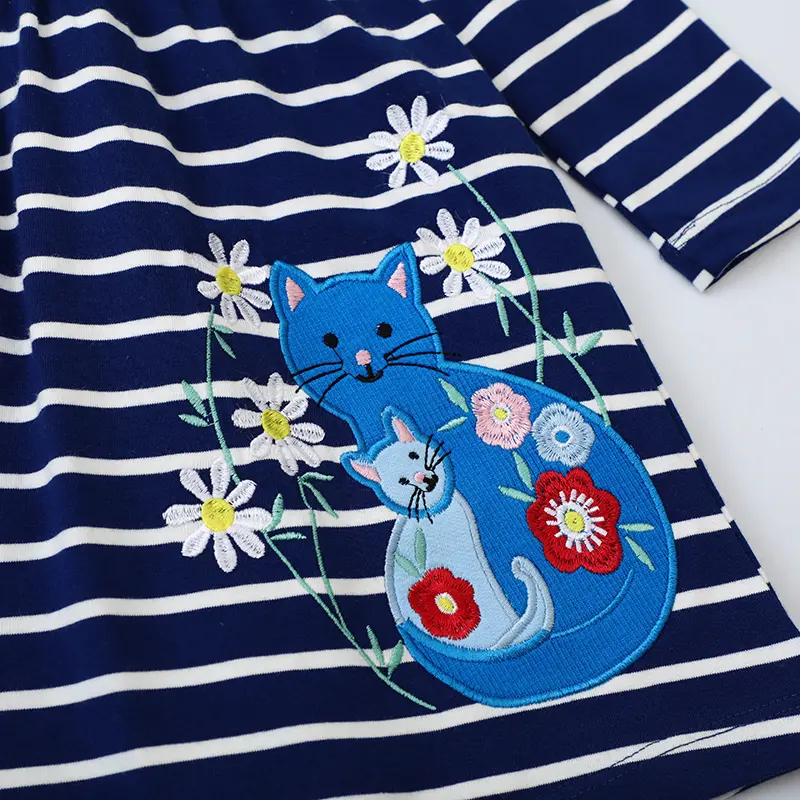 Girls' Navy and White Long Sleeve Striped Dress Cute Cat and Flower Embroidery, Soft Fabric Adorable Toddler Kids Skirt