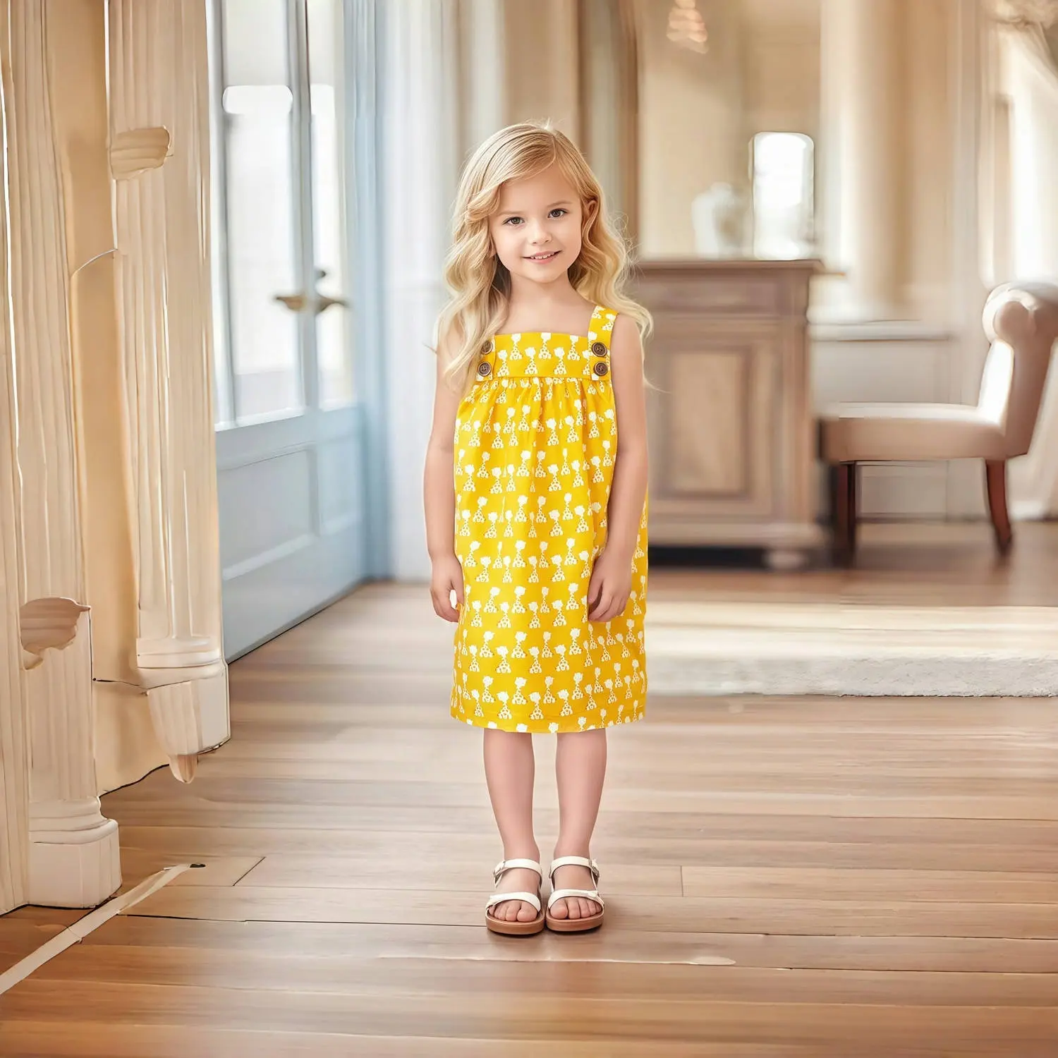 2025 Summer New Casual Girls Dress Full Yellow Giraffe Strap Dress Sleeveless Princess Girls' Fashion Skirt