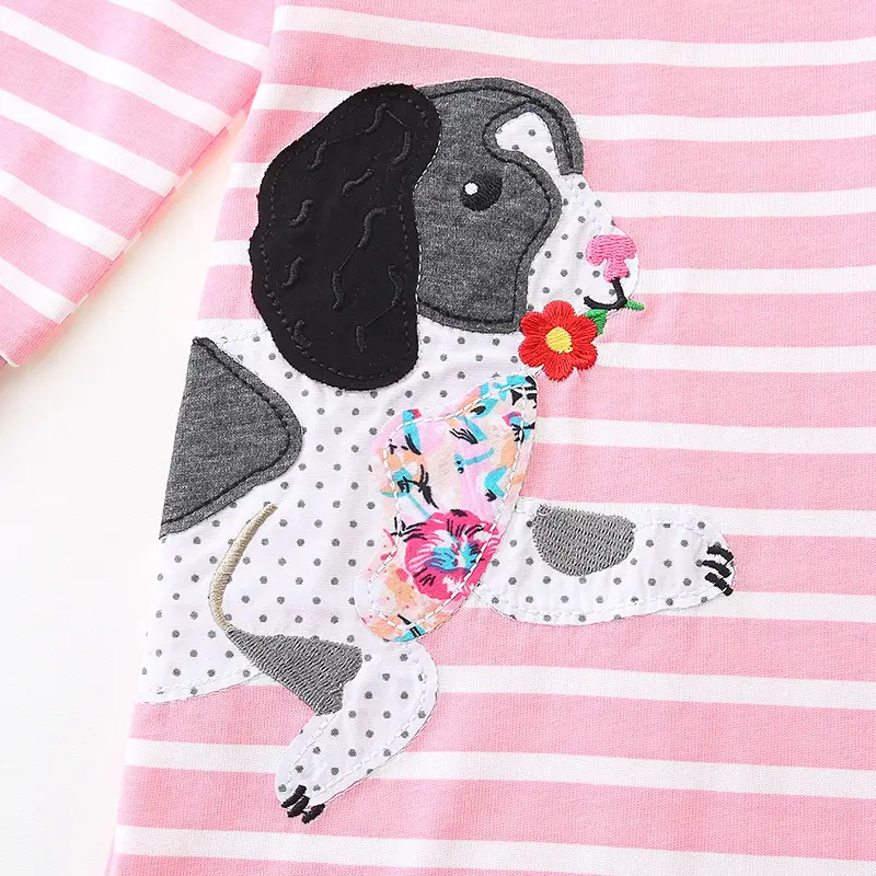 New Autumn Girl Dress Cute Dog Print Children's Clothing 2025 Pink Striped Fashion Princess Cartoon Comfortable